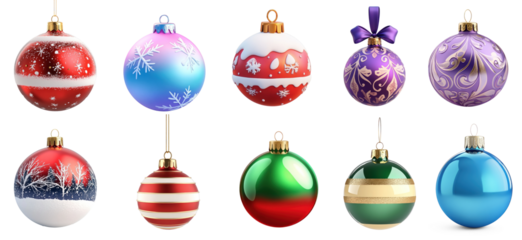A collection of colorful Christmas ornaments hanging from a tree.