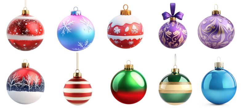 A collection of colorful Christmas ornaments hanging from a tree. - Powered by Adobe