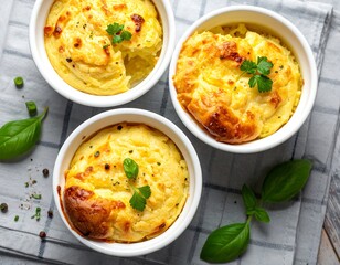 Delicious individual potato souffles baked to golden perfection in white ramekins