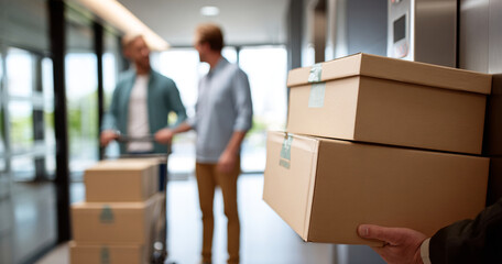 Close-up of person carrying cardboard boxes with two men in background moving packages on trolley in modern hallway