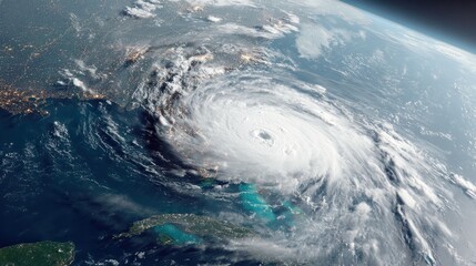 Apocalyptic Hurricane from Space: Witness the awe-inspiring power of nature as a colossal hurricane swirls over the ocean, its vast size a stark reminder of the planet's raw energy.