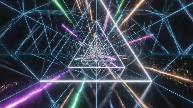 Digital data spectrum light moving quickly through a triangular geometric grid pattern creating a futuristic technological interface background cyber, triangular geometric grid, sci-fi