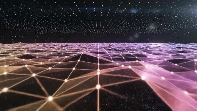 Digital futuristic background featuring a polygonal low poly grid structure cycling through dazzling iridescent colors wallpaper, complex, seamless loop