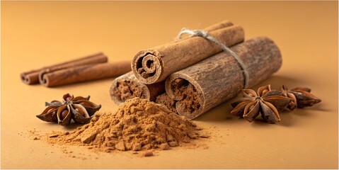 Warm cinnamon sticks and star anise spice blend for delicious baking recipes and festive holiday treats on rustic brown surface