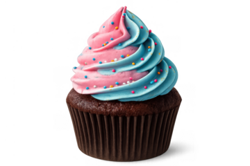 Cupcake with pink and blue frosting and colorful sprinkles representing a gender reveal or baby shower celebration