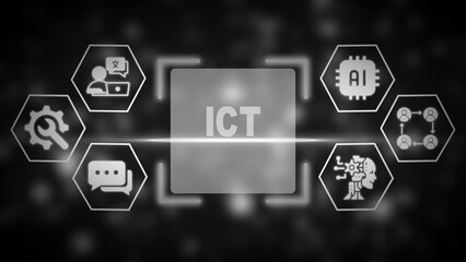 Central I C T hub with surrounding icons for A I machine learning communication and collaboration information communication technology