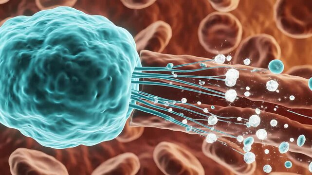 Megakaryocytes&mdash;huge, glowing cells extending delicate cytoplasmic strands into sinusoids, platelets detach in tiny sparkling fragments, drifting gently into the bloodstream