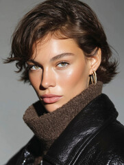 winter fashion portrait of an elegant woman captured in a medium shot, showcasing a stylish cold-season look.