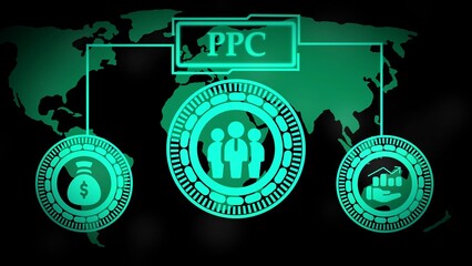 Digital marketing concept with global map P C icons for money people and growth pay per click online advertising