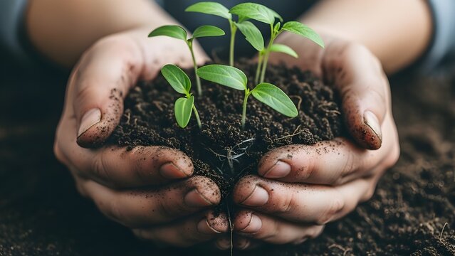 Nurturing new life with care and hope as tiny green seedlings emerge from rich soil held gently in human hands, symbolizing growth, sustainability, and the promise of a brighter future - Powered by Adobe