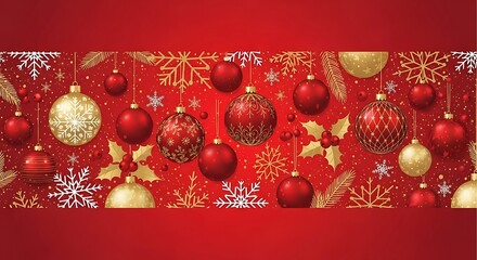 A Very Merry Christmas Border: Elegant Pine, Snowflakes, and Gold Ornaments on Red