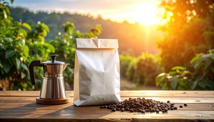 Coffee beans bag  moka pot at sunrise on wooden table.