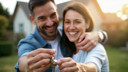 Smiling young couple embraces while holding house keys, symbolizing new home ownership and real estate success. Bright outdoor setting, focus on happiness and achievement. - Powered by Adobe