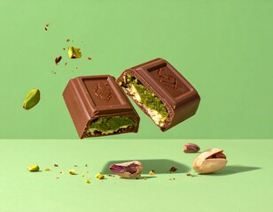 Delicious pistachio chocolate bars floating on a vibrant green background showcasing freshness