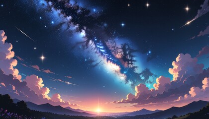 Fototapeta premium 光降る銀河の夕景 : Sunset Beneath the Falling Galaxy