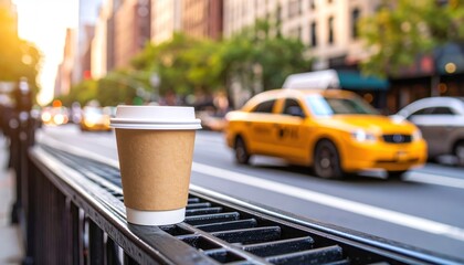 Coffee cup on railing NYC street with taxi in the background.
