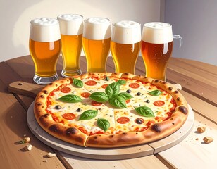 Delicious pizza with beer on a wooden table, a perfect combination for gatherings