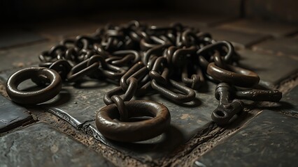 shackles. Rusted iron chains and broken manacles on a stone floor in dim light. public awareness campaigns, NGO reports, designed for public awareness campaigns and NGO communications.