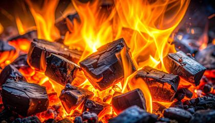 Burning charcoal embers glowing with intense orange heat, small flames flickering between coals.