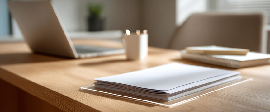 Close-up of a wooden desk with a stack of white papers, laptop, notebook, and pen holder in a softly lit modern workspace