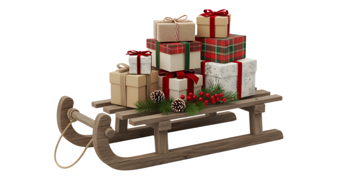 Festive holiday gifts piled high on a rustic wooden sled, ready for winter celebrations.