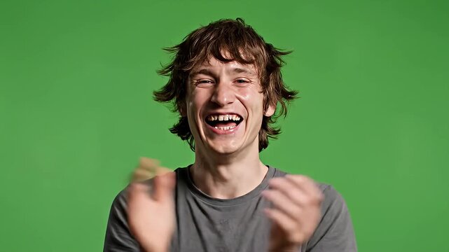 Close up of a young man with messy brown hair laughing hysterically and grinning maniacally on a green screen Intense and quirky emotional expression