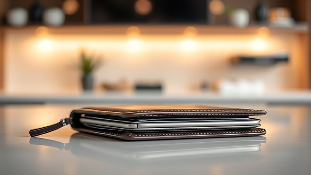 cardholder. Close-up of a stylish wallet on a simple countertop with warm ambient lighting. lifestyle magazines, social media lookbooks, designed for influencer and brand collaborations.