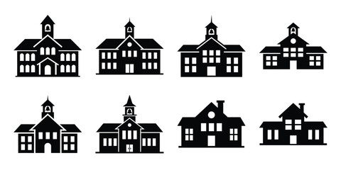 school building silhouette icon set