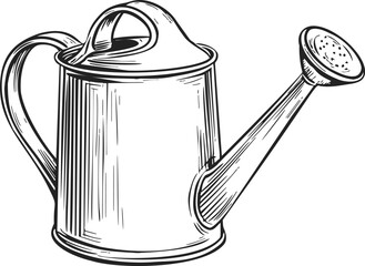 Watering can sketch hand drawn vintage style with long spout and rose. Vector illustration