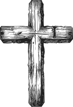 Wooden cross sketch, hand drawn rustic style with detailed wood grain. Vector illustration