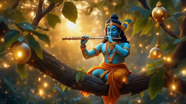 Lord Krishna sitting on a tree branch playing a flute with warm golden lights and ornaments in a serene forest setting.