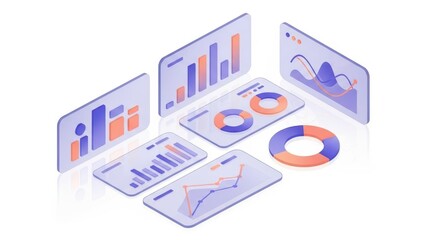 Isometric 3D dashboard with analytics charts and data visualizations.