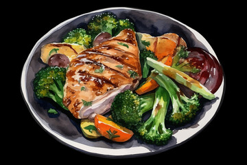 Chicken Fillet with Vegetables Illustration Broccoli, Tomatoes and Soy Oil on Plate, Vector Isolated on Black isolated Background