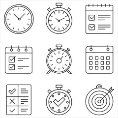 Fototapeta premium Black & white productivity icon set — clock, alarm, timer, stopwatch, calendar check, to-do list, focus target — thin outline vector