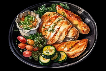 Chicken Fillet with Vegetables Illustration Broccoli, Tomatoes and Soy Oil on Plate, Vector Isolated on Black isolated Background