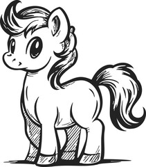 Fototapeta premium Cartoon pony sketch, hand drawn style, standing with big eyes and fluffy mane. Vector illustration