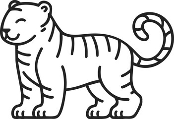 Fototapeta premium Tiger cartoon sketch, hand drawn style, simple smiling tiger with stripes. Vector illustration