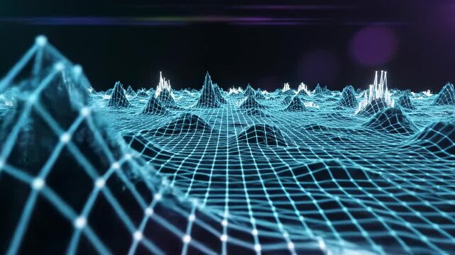Dynamic three dimensional geometric grid visualization interpreting white noise data with continuous upward and downward structural peaks and valleys downward, clean, grid