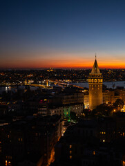Obraz premium Galata Tower in the Sunset Drone Photo, Istanbul Silhouettes Background, Galata Beyoglu, Istanbul, Türkiye (Turkey)