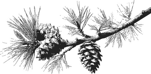 Naklejka premium Pine cone branch sketch, hand drawn botanical illustration with needles and cones. Vector illustration