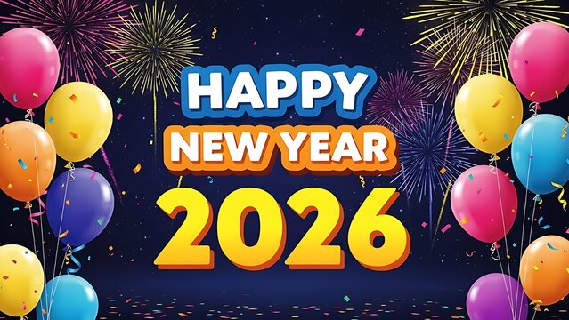 Happy new year 2026 with balloons and fireworks celebration graphic - Powered by Adobe