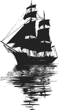Sailing ship sketch hand drawn silhouette with water reflection. Vector illustration