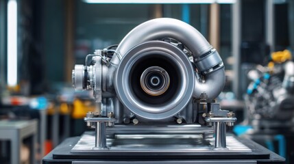clean photo of modern small turbo engine on a stand, bright workshop light, minimal clutter, smooth metallic surfaces, calm technical mood