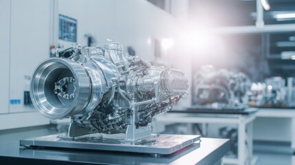 clean photo of modern small turbo engine on a stand, bright workshop light, minimal clutter, smooth metallic surfaces, calm technical mood