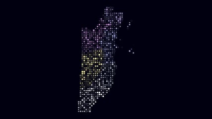 Belize map animation. Shape of the country with pulsating colored dots. Small size rounded square blocks. Digital style Belize map on dark background. Awesome video.