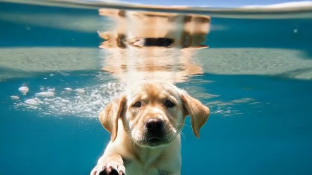 Golden retriever puppy swimming underwater with reflection on the surface