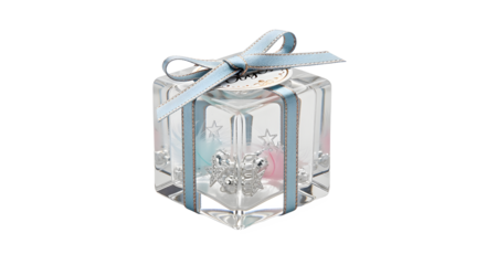 Elegant clear crystal cube gift box adorned with delicate blue ribbon and subtle pink and blue accents.