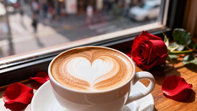 A close-up shot of a steaming cup of latte with a perfect heart-shaped design next to a red rose on a wooden windowsill. - Powered by Adobe