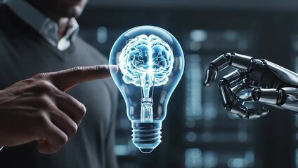 Human and Robot Hands Touching Igniting AI Brain Idea. - Powered by Adobe