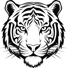 Tiger Head Vector Illustration – Isolated on Transparent Background Bold Symmetrical Wild Cat Face Line Art Design